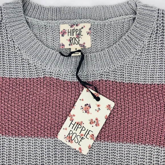 NWT Striped Gray Mauve Knit Cropped Sweater Small - Picture 4 of 7